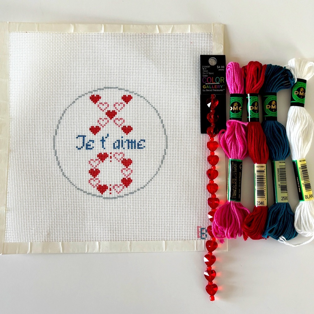 Je T’aime Needlepoint Kit with Heart Beads and Threads